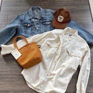 Denim Jacket and Cream Shirt with Brown Accessories